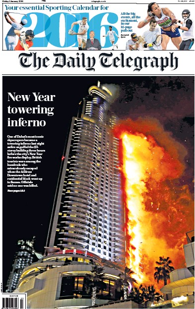 The Daily Telegraph Newspaper Front Page for 1 January 2016