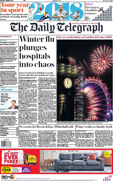 The Daily Telegraph (UK) Newspaper Front Page for 1 January 2018