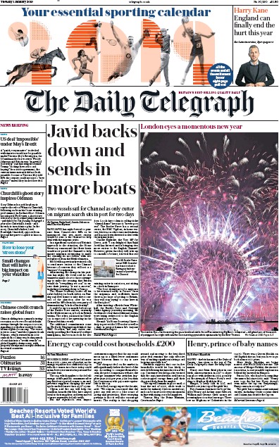 The Daily Telegraph Newspaper Front Page for 1 January 2019
