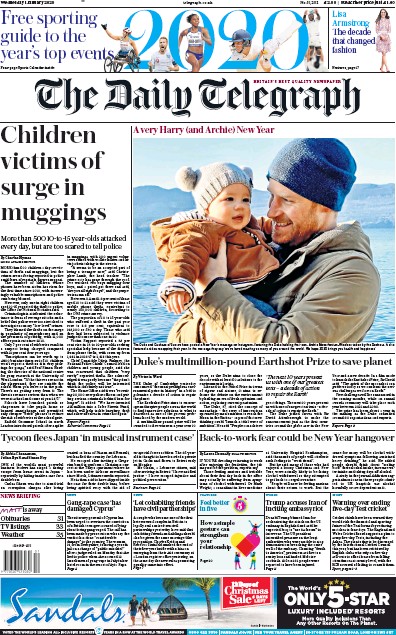The Daily Telegraph Newspaper Front Page for 1 January 2020