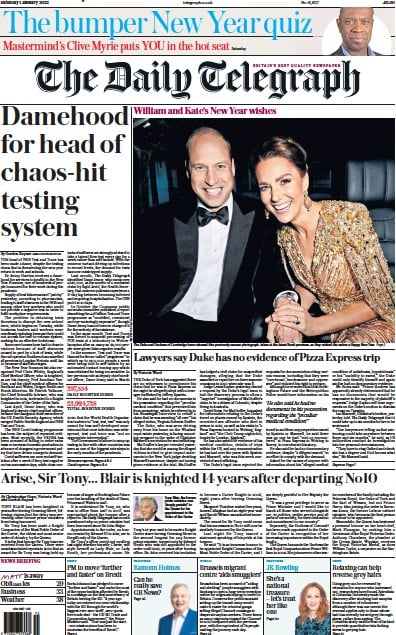 The Daily Telegraph (UK) Newspaper Front Page for 1 January 2022