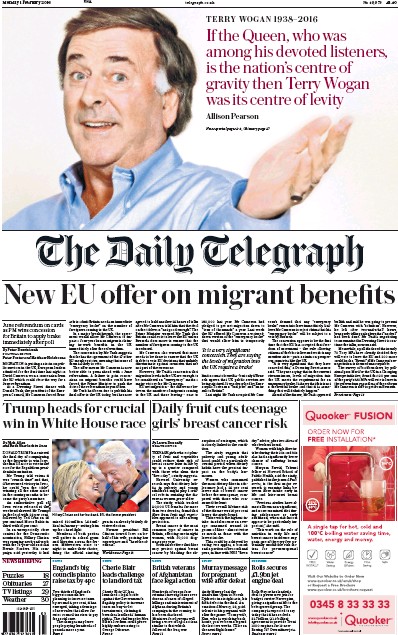 The Daily Telegraph Newspaper Front Page for 1 February 2016