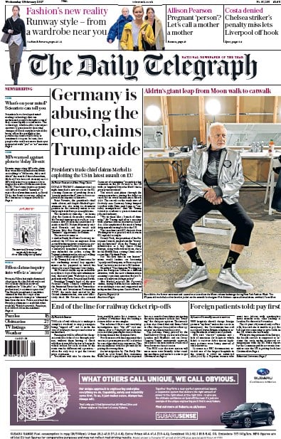 The Daily Telegraph Newspaper Front Page for 1 February 2017