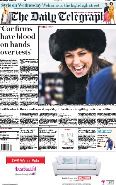 The Daily Telegraph Newspaper Front Page for 1 February 2018