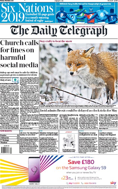 The Daily Telegraph Newspaper Front Page for 1 February 2019