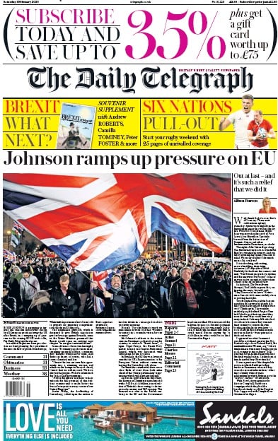 The Daily Telegraph Newspaper Front Page for 1 February 2020