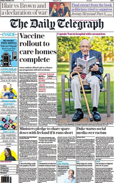 The Daily Telegraph (UK) Newspaper Front Page for 1 February 2021