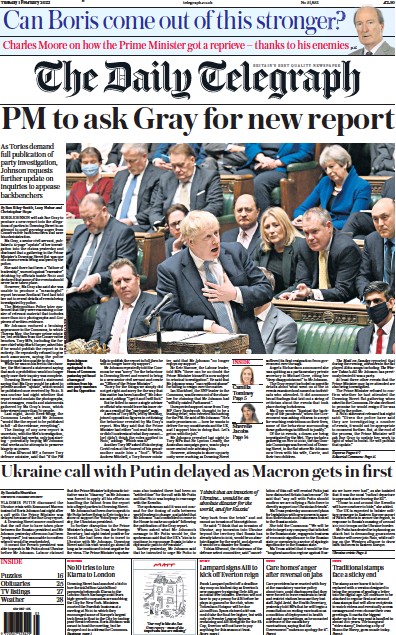 The Daily Telegraph (UK) Newspaper Front Page for 1 February 2022