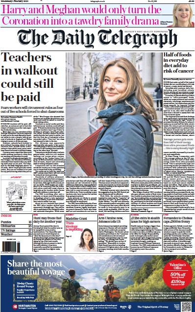 The Daily Telegraph (UK) Newspaper Front Page for 1 February 2023