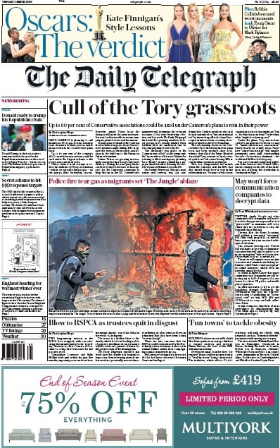 The Daily Telegraph (UK) Newspaper Front Page for 1 March 2016