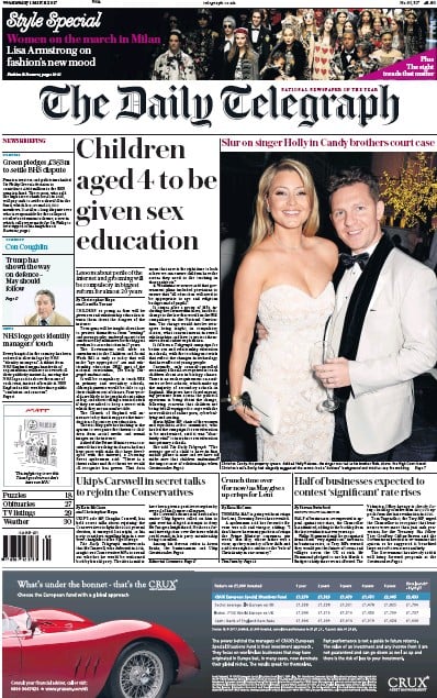 The Daily Telegraph Newspaper Front Page for 1 March 2017