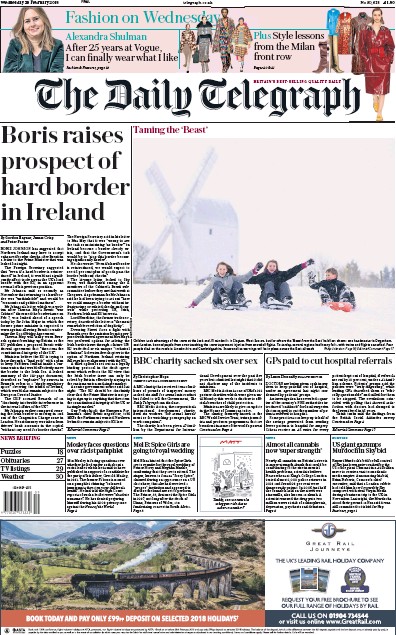 The Daily Telegraph Newspaper Front Page for 1 March 2018