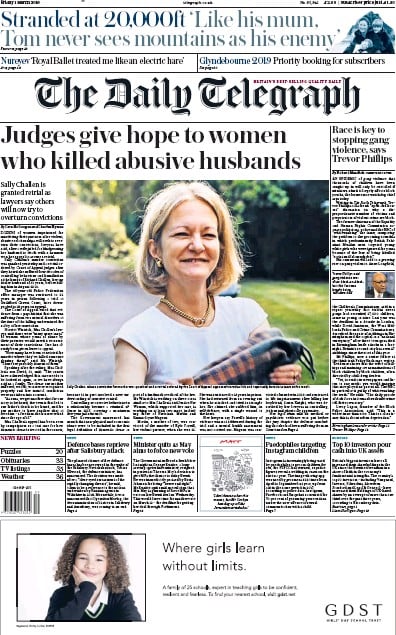 The Daily Telegraph Newspaper Front Page for 1 March 2019