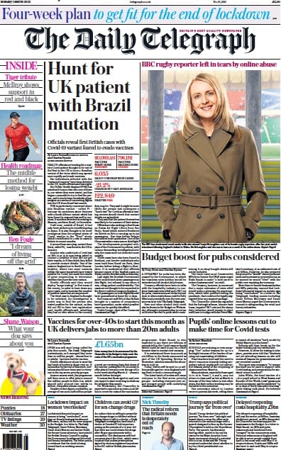 The Daily Telegraph (UK) Newspaper Front Page for 1 March 2021