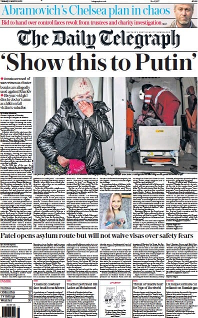 The Daily Telegraph Newspaper Front Page for 1 March 2022