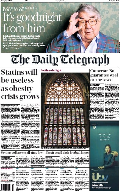 The Daily Telegraph Newspaper Front Page for 1 April 2016