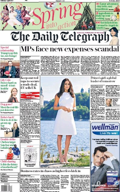 The Daily Telegraph Newspaper Front Page for 1 April 2017
