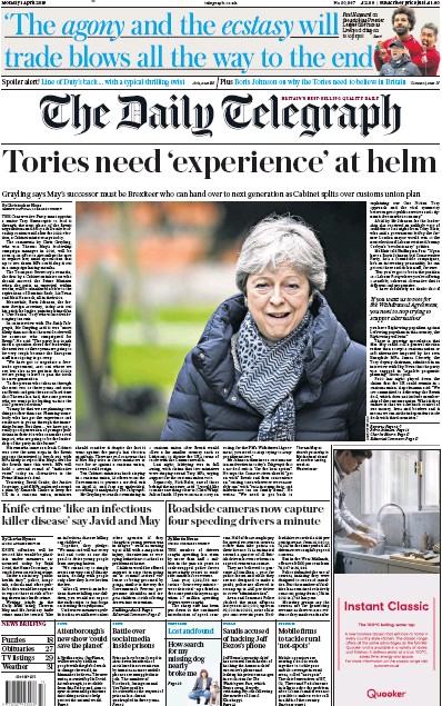 The Daily Telegraph Newspaper Front Page for 1 April 2019