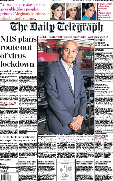 The Daily Telegraph Newspaper Front Page for 1 April 2020