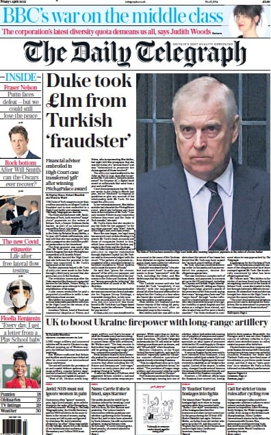 The Daily Telegraph (UK) Newspaper Front Page for 1 April 2022