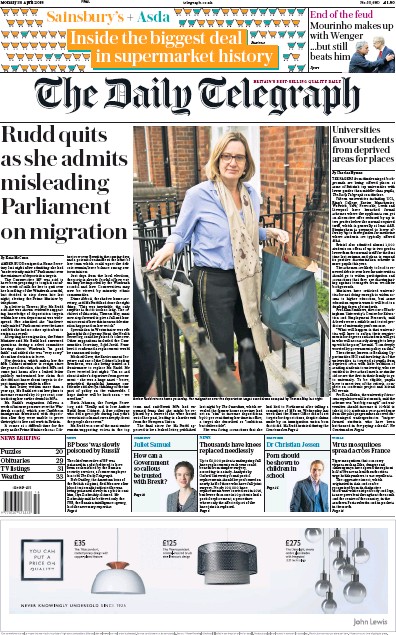 The Daily Telegraph Newspaper Front Page for 1 May 2018