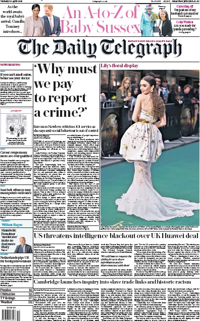 The Daily Telegraph Newspaper Front Page for 1 May 2019