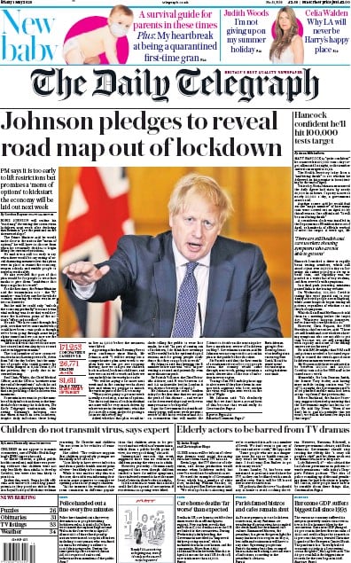 The Daily Telegraph Newspaper Front Page for 1 May 2020