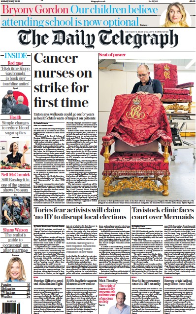 The Daily Telegraph (UK) Newspaper Front Page for 1 May 2023