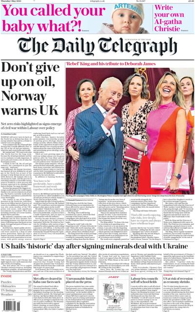 The Daily Telegraph (UK) Newspaper Front Page for 1 May 2025
