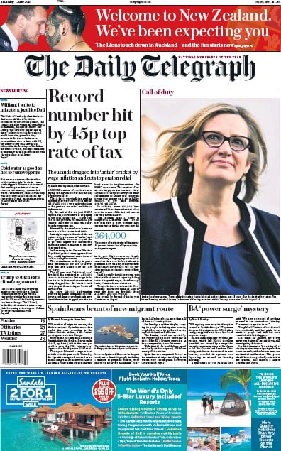 The Daily Telegraph Newspaper Front Page for 1 June 2017