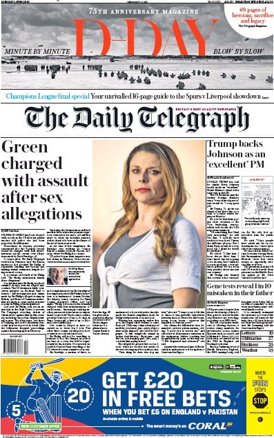 The Daily Telegraph Newspaper Front Page for 1 June 2019