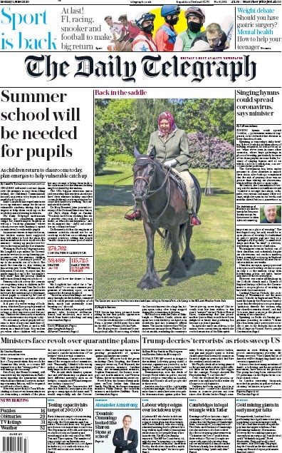 The Daily Telegraph Newspaper Front Page for 1 June 2020