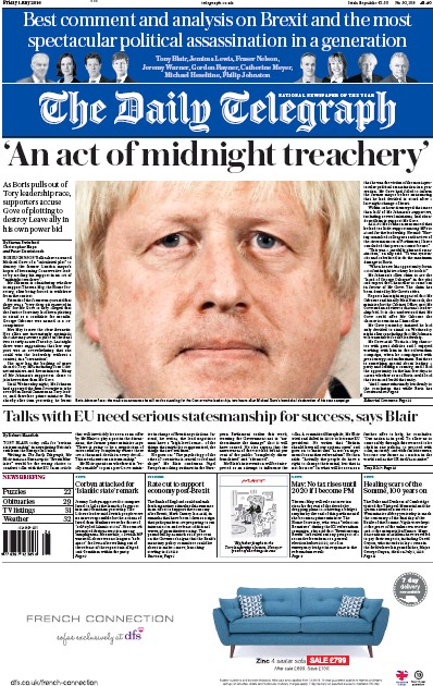 The Daily Telegraph Newspaper Front Page for 1 July 2016