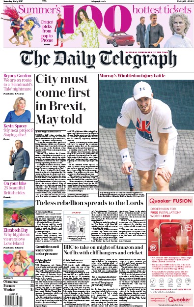 The Daily Telegraph Newspaper Front Page for 1 July 2017
