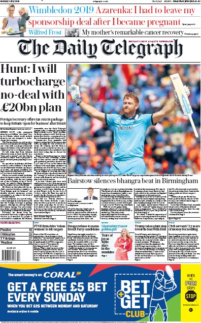 The Daily Telegraph Newspaper Front Page for 1 July 2019