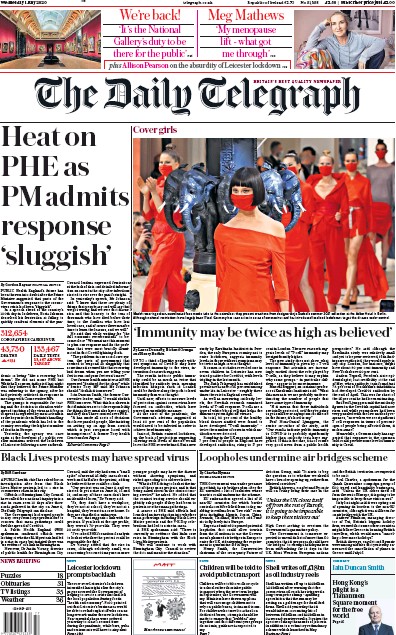 The Daily Telegraph Newspaper Front Page for 1 July 2020