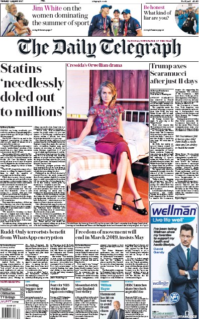 The Daily Telegraph Newspaper Front Page for 1 August 2017