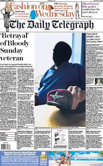 The Daily Telegraph Newspaper Front Page for 1 August 2018