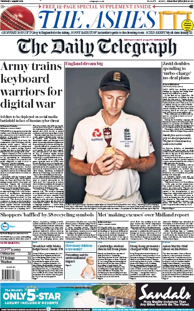 The Daily Telegraph (UK) Newspaper Front Page for 1 August 2019