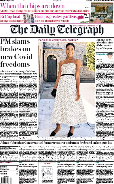 The Daily Telegraph (UK) Newspaper Front Page for 1 August 2020