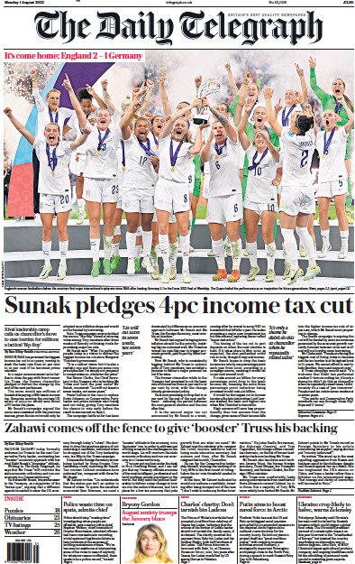 The Daily Telegraph (UK) Newspaper Front Page for 1 August 2022