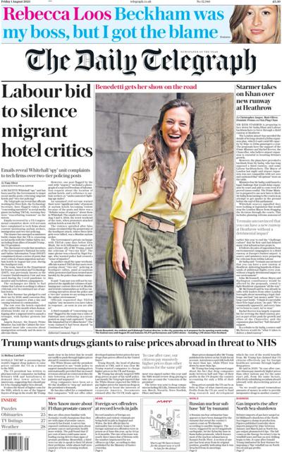 The Daily Telegraph (UK) Newspaper Front Page for 1 August 2025