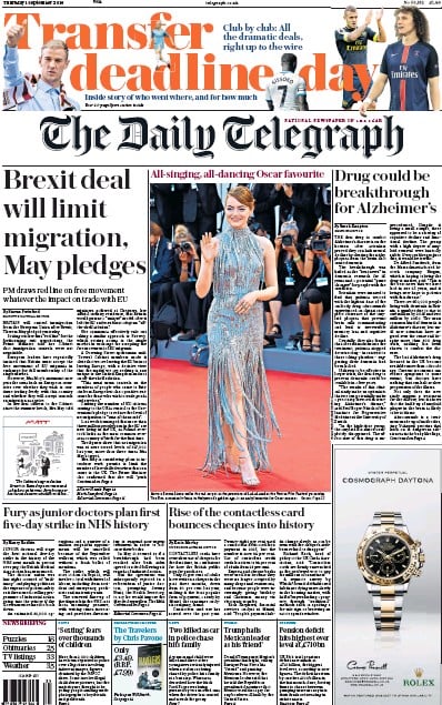 The Daily Telegraph (UK) Newspaper Front Page for 1 September 2016