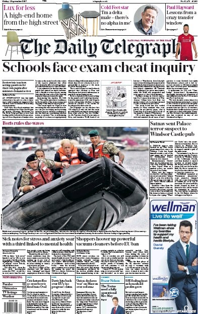 The Daily Telegraph Newspaper Front Page for 1 September 2017