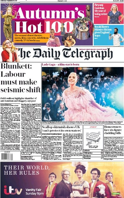 The Daily Telegraph Newspaper Front Page for 1 September 2018