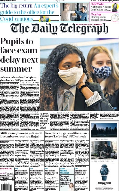 The Daily Telegraph Newspaper Front Page for 1 September 2020
