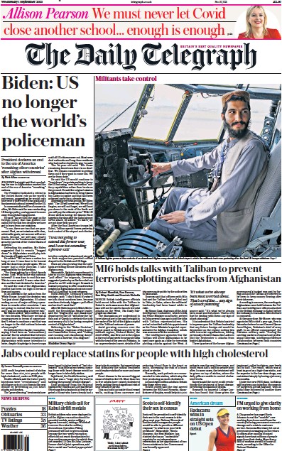 The Daily Telegraph (UK) Newspaper Front Page for 1 September 2021