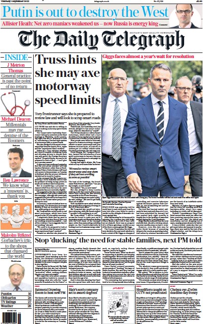 The Daily Telegraph (UK) Newspaper Front Page for 1 September 2022