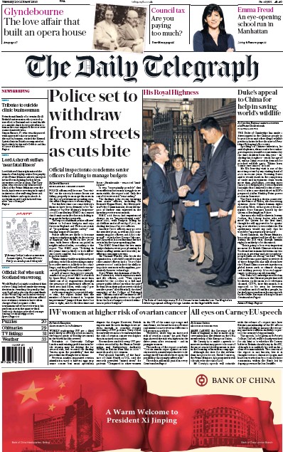 The Daily Telegraph Newspaper Front Page for 20 October 2015
