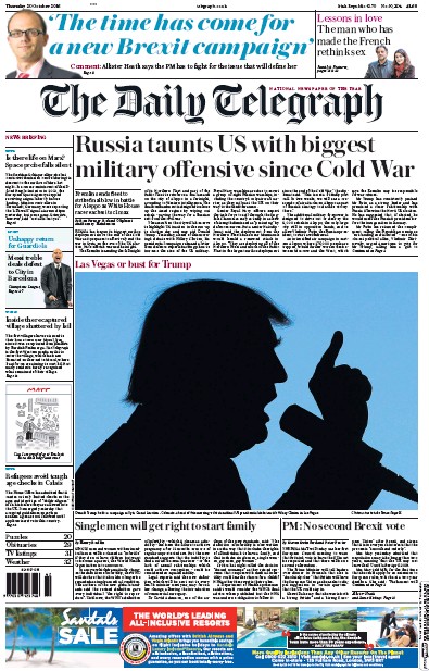 The Daily Telegraph Newspaper Front Page for 20 October 2016